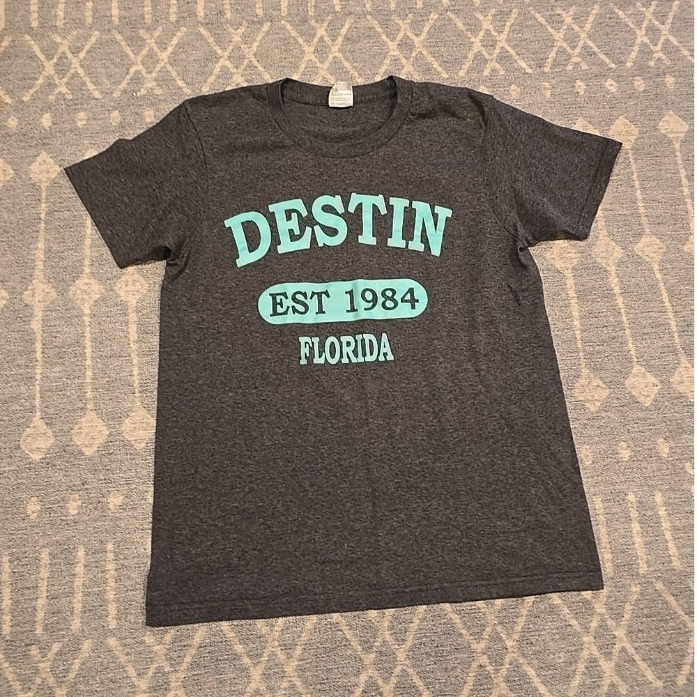 Gildan Destin Florida Est 1984 Graphic T-Shirt Charcoal Gray Mint Green Womens M